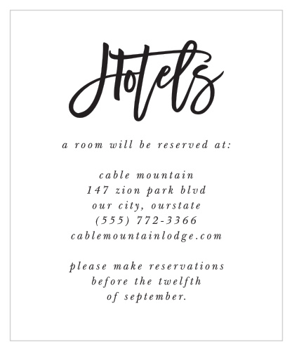 Take the stress out of your out-of-town guests' travel planning, by surprising them with reservations to share the same establishment, by sending them our Sweet Simplicity Accommodation Cards!