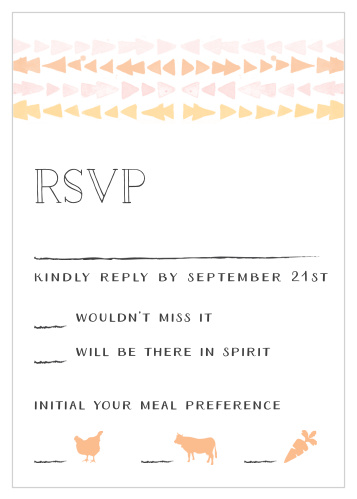 The Brooklyn Loft Response Cards are decorated with graphics of watercolored geometric designs in shades of orange, pink, and yellow. 