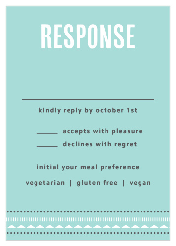 A bold, distinguished title tops our Deco Charm Response Cards in a stunning white, creating a gorgeous contrast against the glass-blue background.