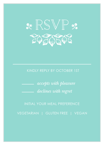 A vintage "RSVP" heads the card, adorned with white, intricate botanical accents contrasted against a deep aqua background.