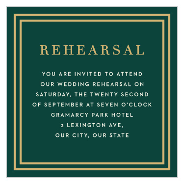 Bring family and friends together to practice the night before your wedding with our Elegant Overlap Rehearsal Cards.