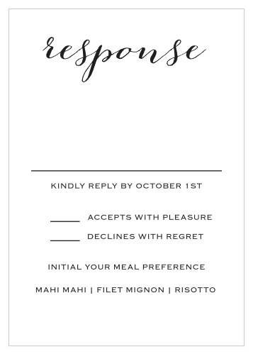 The Script Heart Response Card is nothing but classy. It’s beautiful font and simple design make it easy for your guests to respond!