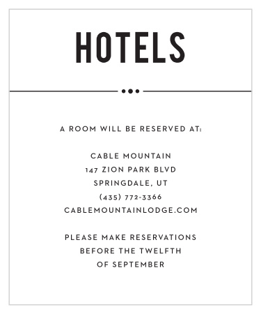 Make your guests trip as smooth as possible by sending them the Perennial Playbill Accommodations card. Give ideas for transportation, hotels and even different things to site see! This invitation suite is totally customizable so change your text, font and colors to match your theme!