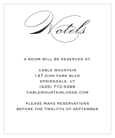 The Classic Script Accommodation Cards is a gorgeous way to help your guests plan for your wedding destination without difficulty. Customize this card with your preferred colors and fonts to make your unique and unforgettable invitation.
