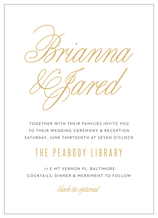  The Traditional Script Foil Wedding Invitations use a gorgeous script font balanced with elegant spacing and a fun background design to create a beautiful and timeless card. 