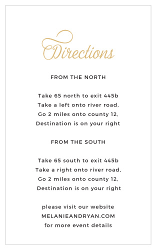 The Script Emblem Foil Directions Cards aid guests in finding your wedding venue with its clean and elegant design.