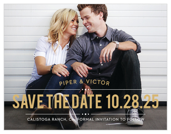 Our Perennial Playbill Foil Save The Date is a great way to share your information with your family and friends. The rustic text banner is the perfect compliment to your picture. Set the colors, font and text to show off your amazing personality! 