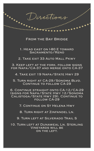 A perfect match for The String Lights Foil Wedding invitation. This Direction card will help your guests trip run smoothly.