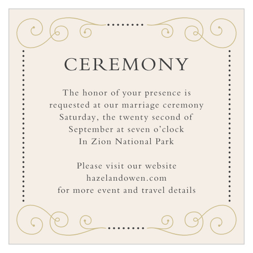 Without your ceremony, there's no point to the rest of the festivities, so ensure your guests know about it with the Swirl Frame Foil Ceremony Cards.