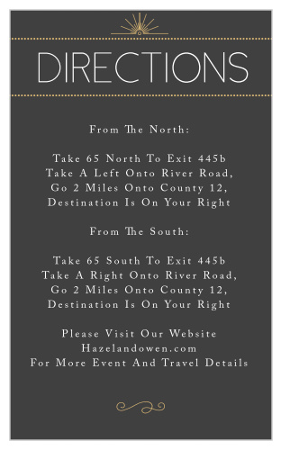 The Stylized Sunbursts Foil Direction Cards make your cards pop with our gold or silver foil!