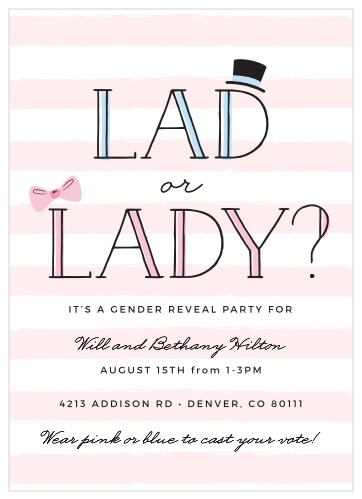 Guests will be delighted when they receive the adorable Lad or Lady Baby Shower Invitations for your baby reveal party.