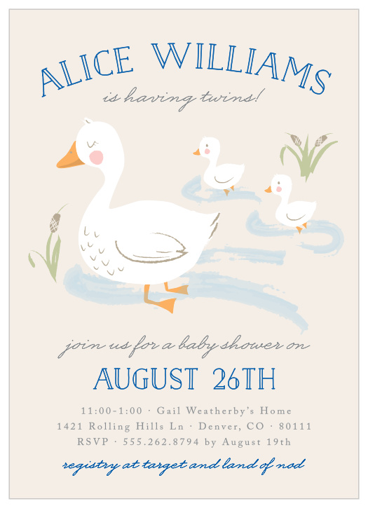 The Twin Ducks Baby Shower Invitation is perfect for those parents that are about to do double-duty!