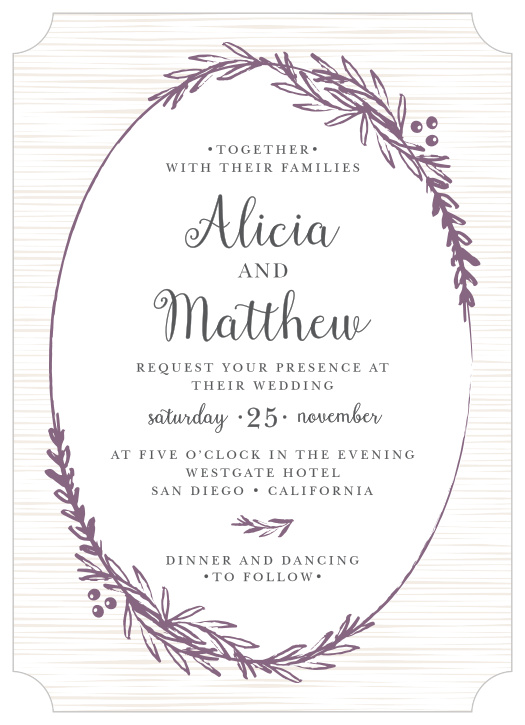 Frame your invitation in a beautiful wreath with the Delicate Laurel Wedding Invitations.