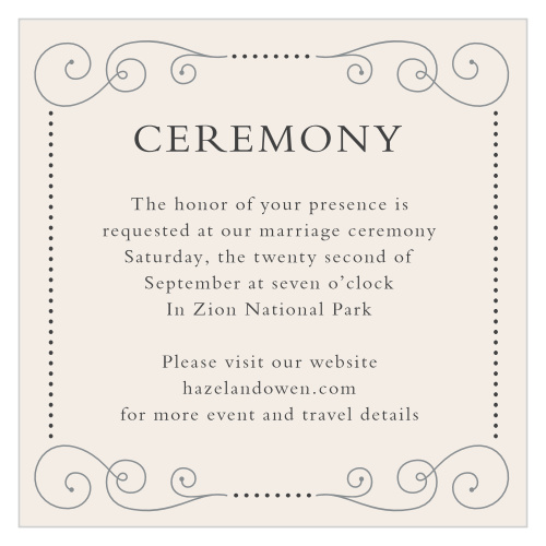 Ensure guests have the details for the star of your wedding festivities with the Swirl Frame Ceremony Cards. 