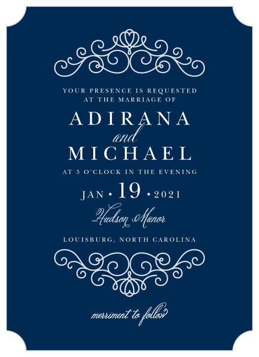 Rich navy and beautiful silver come together to make the Royal Scrolls Wedding Invitation.