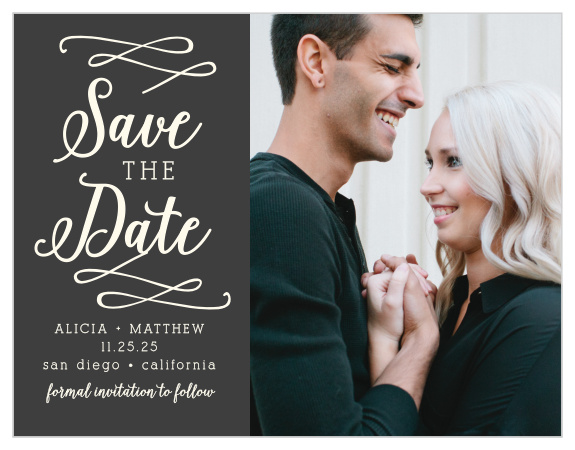 Your photo will look amazing next to the beautiful gold accents on these exquisite Whimsical Calligraphy Save-the-Date Magnets. 