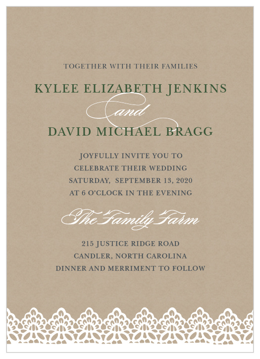 A beautiful lace detail garnishes the bottom of the Rustic Lace Wedding Invitations.