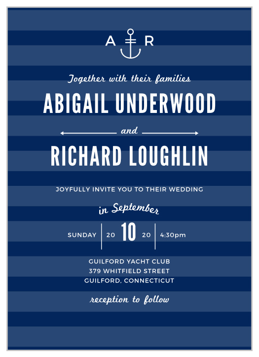 The Modern Nautical Wedding Invitations are part of the Crafty Pie collection by Basic Invite.  Now you can take your favorite invitation and instantly design it online with real-time previews.  Start by matching your wedding colors on the Vintage Frame Wedding Invitations with your choice of over 150 truly custom colors.  Then add your wording and make it truly unique by choosing a font that shows off your style.