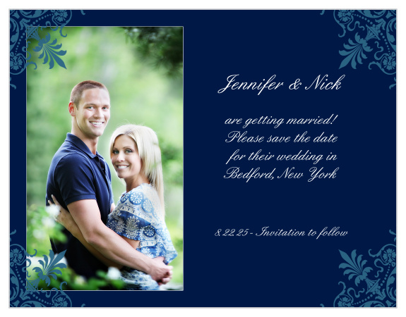 Our Elegant Spires save the date cards are one of kind damask pattern simple yet elegant card.