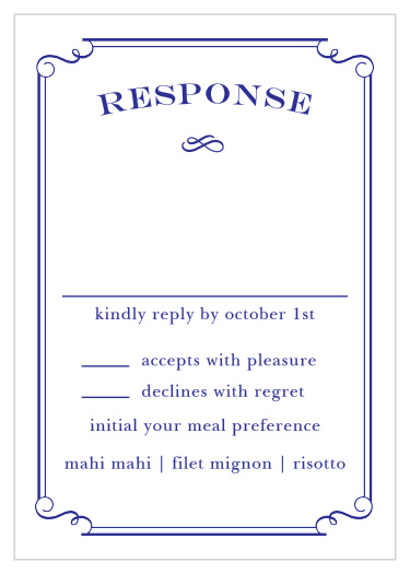 A unique scallop and swirls frame makes the Handwritten Deco Response Cards an elegant choice for collecting RSVPs.