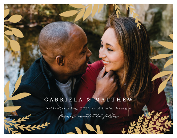 Announce your recent engagement, and upcoming wedding, with our beautiful Autumn Leaves Save the Date Cards!