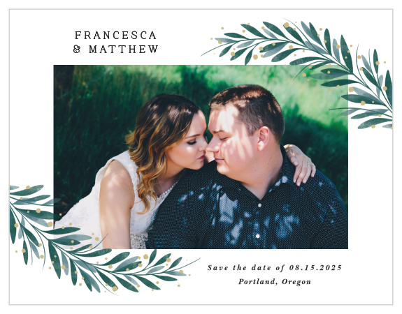 Family and friends are sure to mark their calendars for your wedding when they see our Perfect Match Save the Date Cards. Your favorite photo stands center stage on every card with watercolor illustrations of foliage on either corner. Your names stamp the top left while your special date sits on the bottom right in modern, black typography against a contrasting white background. Customize these cards with your favorite fonts and colors to be perfect for you and your loved ones.