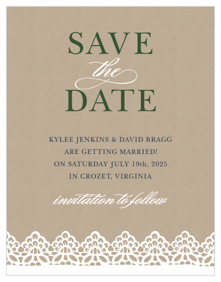 Beautiful lace details garnish the bottom of the Rustic Lace Save-the-Date Magnets.