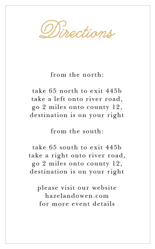 Include the Whimsical Script Foil Direction Cards as a thoughtful addition to your wedding stationery. 