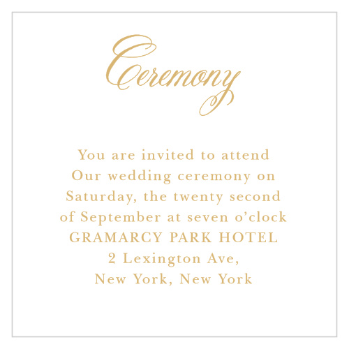 Invite special guests to your ceremony with the Calligraphy Script Foil Ceremony Cards from the Crafty Pie Collection at Basic Invite. 