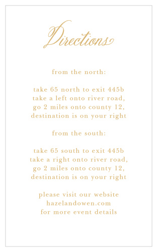 A straightforward and beautiful design makes the Calligraphy Script Foil Direction Cards from the Crafty Pie Collection at Basic Invite a thoughtful inclusion to your wedding stationery.