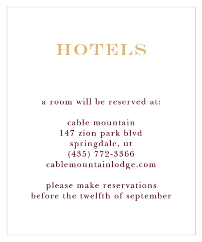 Detail travel information with the Elegant Script Foil Accommodation Cards from the Crafty Pie Collection at Basic Invite. 