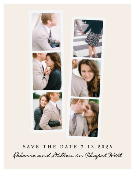 descriptionShow off your engagement photos with the Classic Photo Booth Save-the-Date Cards. This gorgeous design frames six of your photos in photo strips from a photo booth.