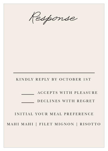 The Classic Photo Booth Response Cards provide space for guests to write their names, accept or decline your invitation and initial their meal preferences.