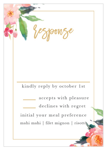Gorgeous watercolor flowers decorate the corners of the Standing Ovation Foil Response Cards. All your information is framed by a thin and elegant border available in either our gold or silver pressed foil. Customize this design with our extensive collection of custom colors and hand-picked fonts. The Standing Ovation Response Cards are part of the Crafty Pie Collection at Basic Invite.