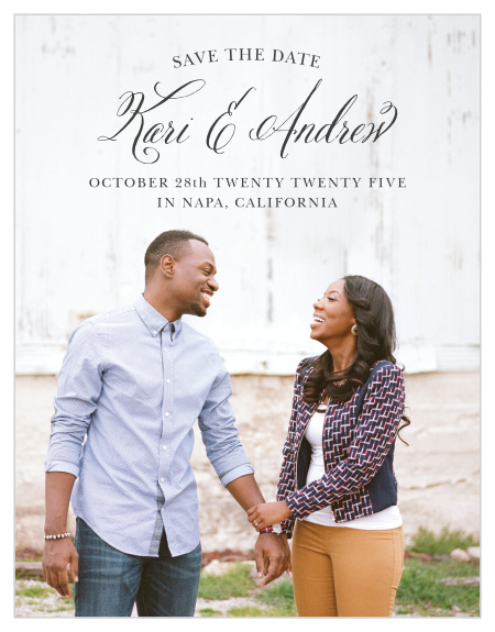 Your photo is a stunning backdrop to your text on the Timeless Script Photo Save-the-Date Magnets.