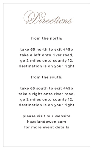 The straightforward yet refined design of the Exquisite Class Direction Cards clearly communicates driving directions to your guests. 