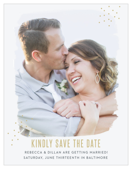 Fun dots at the top right and bottom left corners of your photo create whimsy for the Classy Confetti Save-the-Date Magnets.