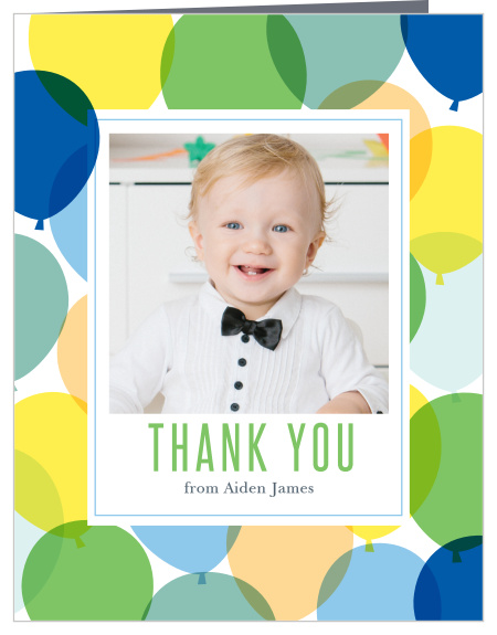 Add your son’s photo to the Buoyant Balloons Boy First Birthday Party Thank You Cards.