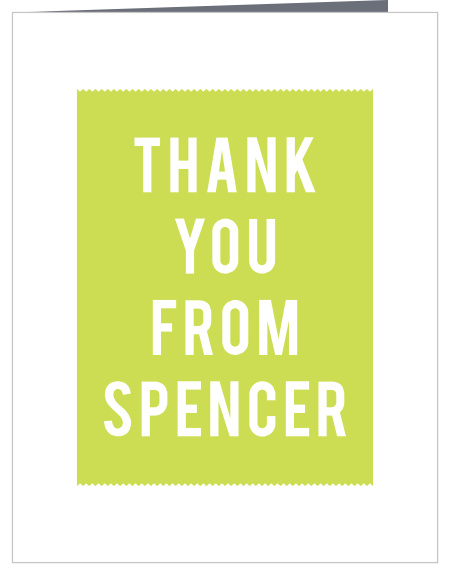 The Simply Photogenic Boy First Birthday Party Thank You Cards feature bold text on a simple ribbon banner.