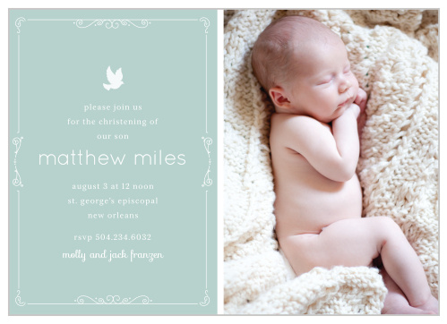 You’re son’s picture, a beautiful scrolling border and a dove illustration makes the Dovey Scrolls Boy Baptism Invitations an endearing baptism invite.