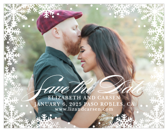 Graceful Snowflakes dust the edges of your photo on the Shimmering Snowflakes Save-the-Date Magnets.