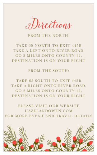 Help guests find your winter wedding venue with the Pine Berries Direction Cards. 