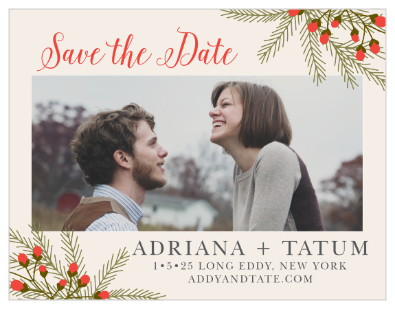 Prepare guests for your rustic winter wedding with the Pine Berries Save-the-Date Cards.