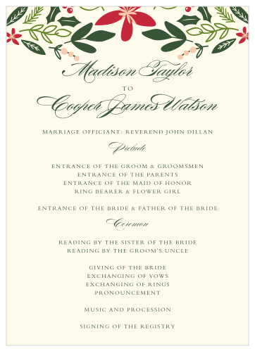 Keep your formal winter wedding organized with the Holiday Bough Wedding Programs. 