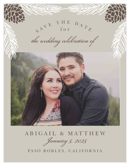 Announce your winter wedding with the Pretty Pinecones Save-the-Date Cards. 