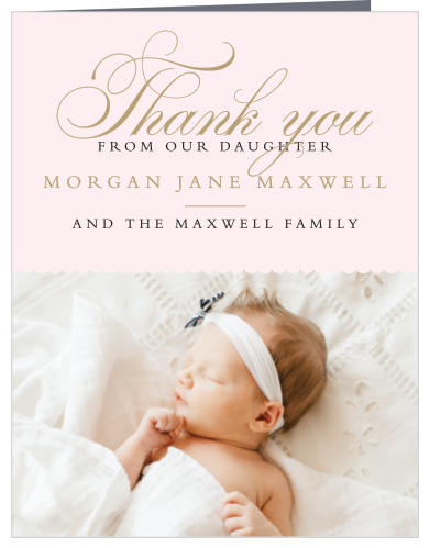 Share your appreciates for the friends and family who celebrated with you using the elegant typefaces of the Scallops and Script Girl Baptism Thank You Cards.