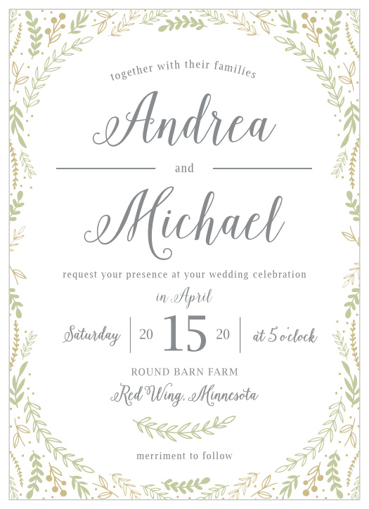 Whimsical greenery surrounds your text on the Romantic Evergreen Wedding Invitations.