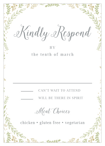 Collect RSVPs for your whimsical winter wedding with the Romantic Evergreen Response Cards. 