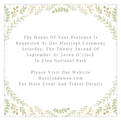 A border of graceful greenery accent your text on the Romantic Evergreen Ceremony Cards. 