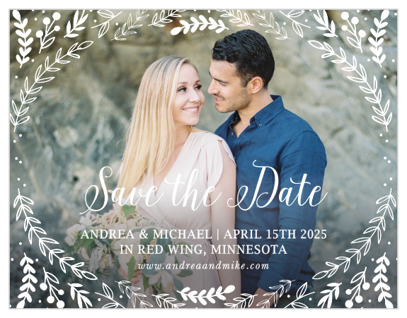Whimsical greenery surrounds your photo on the Romantic Evergreen Save-the-Date Cards. 
